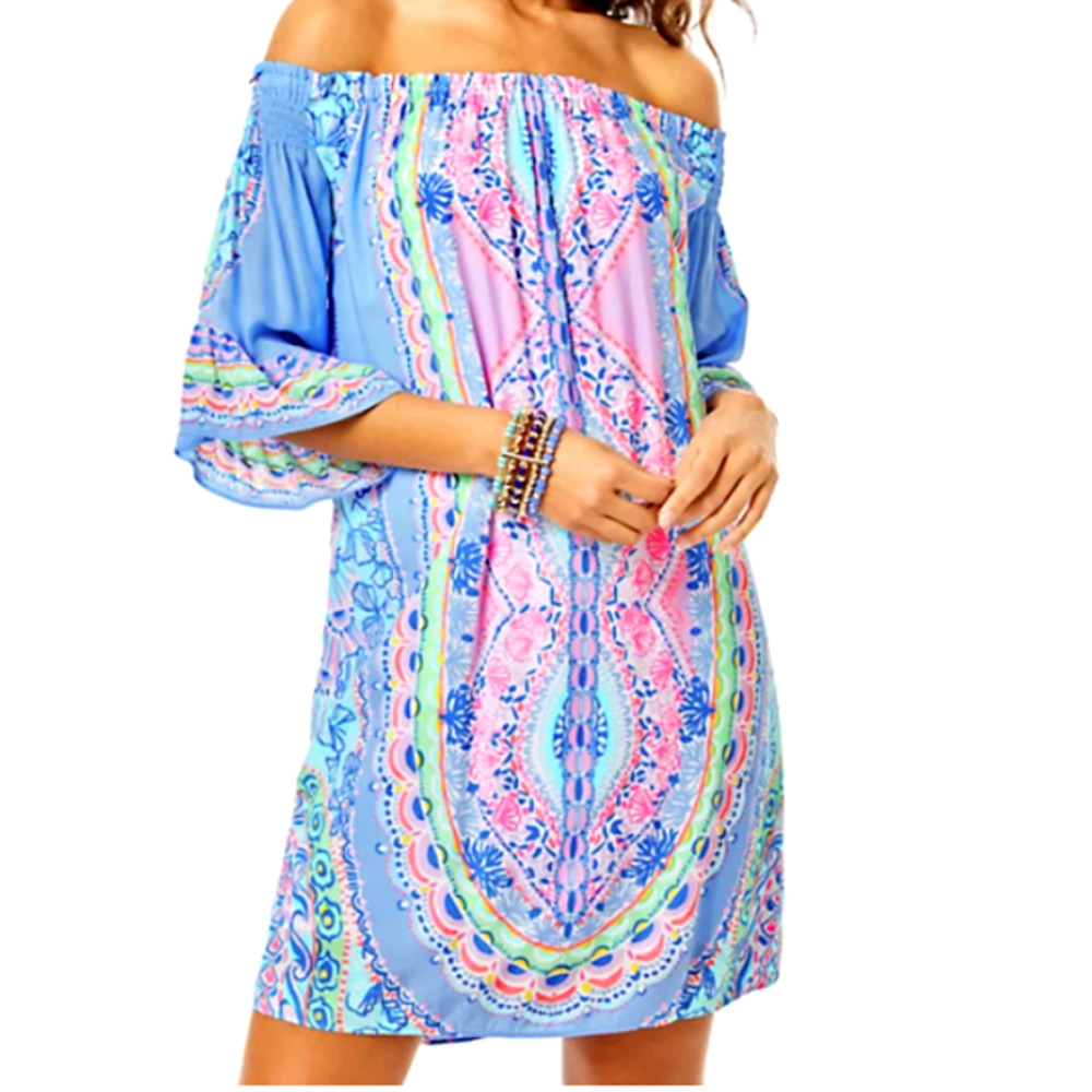 Lilly Pulitzer Off-Shoulder Midi Dress in Blue and Pink